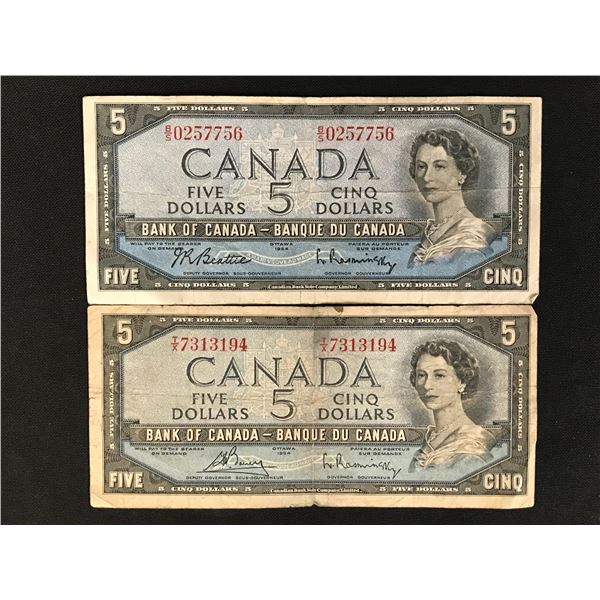 2 CANADIAN  1954 $5.00 SIGNATURES BEATTIE/RASMINSKY ON 1 AND BOUEY/RASMINSKY ON THE OTHER