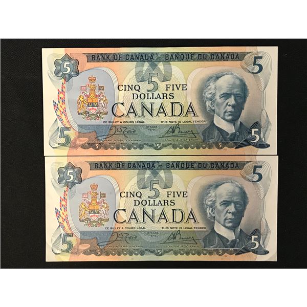 2  UNCIRCULATED CANADIAN  1979  $5.00 SIGNATURES CROW/BOUEY