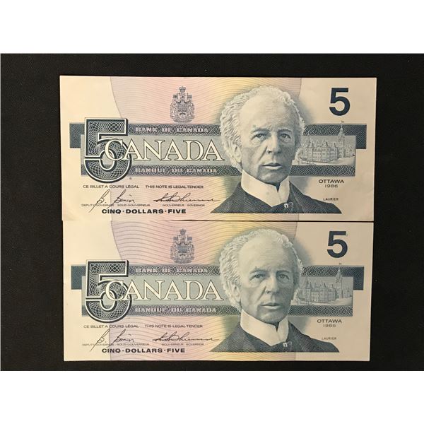 2 UNCIRCULATED CANADIAN 1986   $5.00 SIGNATURES BONIN/THIESSEN