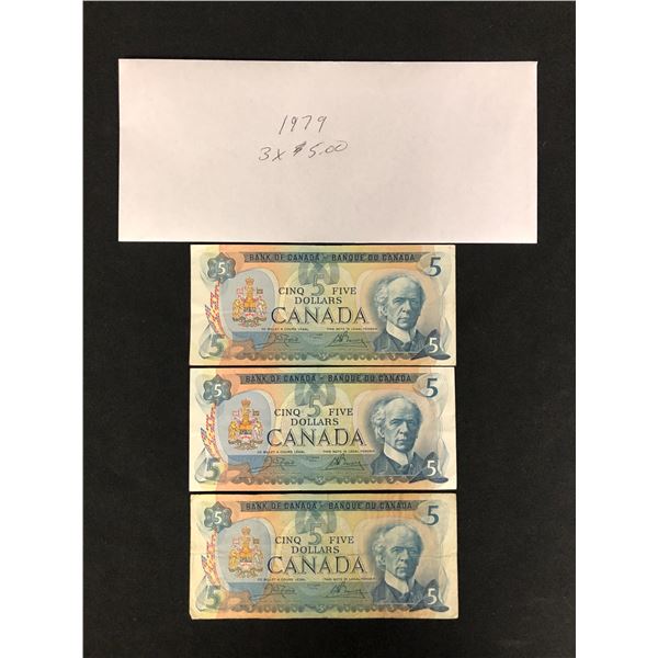 3 X 1979 FIVE DOLLAR CANADIAN BANKNOTES