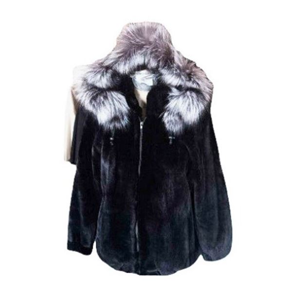 BLACK SHEARED BEAVER PARKA WITH SILVER FOX TRIM HOOD