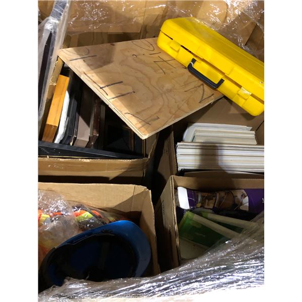 Assorted Picture Frames, Tripod in Box, Safety Vests, Safety Helmets, Box of Backing for Picture Fra