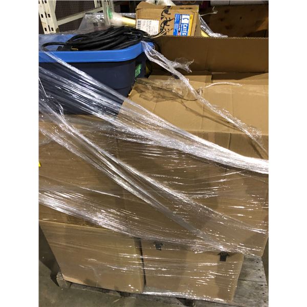 Pallet of Light Fixtures, electrical cords, light bulbs, electrical cable, rolls of electrical wire,