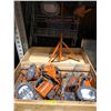 Image 1 : Bin of Dual HDX Orange Floodlights with tripods.  Approximately 7 lights with rolling wood bin (25in