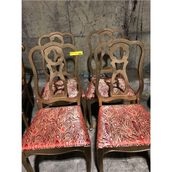 Lot of 4 Wood Chairs with red and Gold embroidered fabric