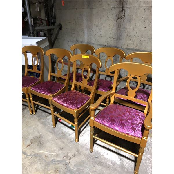 Lot of 8 Painted Bronze Chairs w/ purple/pink embroidered fabric -  six are side chairs.