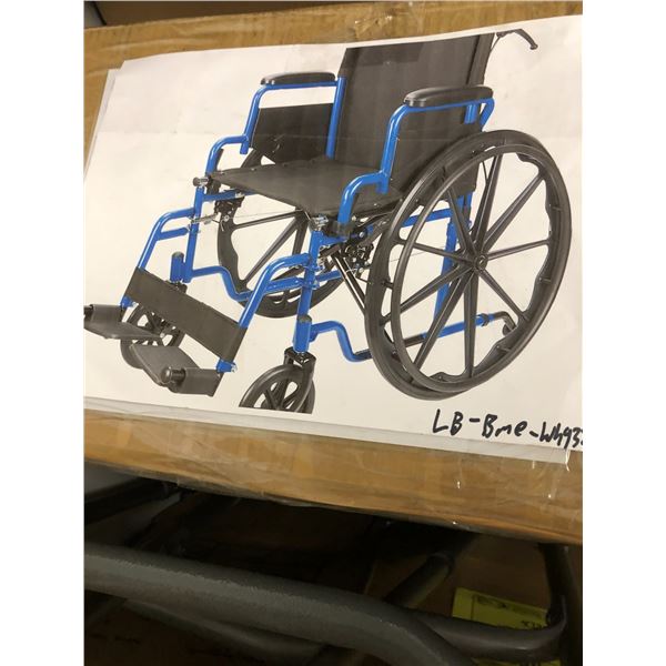 Blue Wheelchair and Walker.  Wheelchair - Living Basics Model # LB-BME-WH932