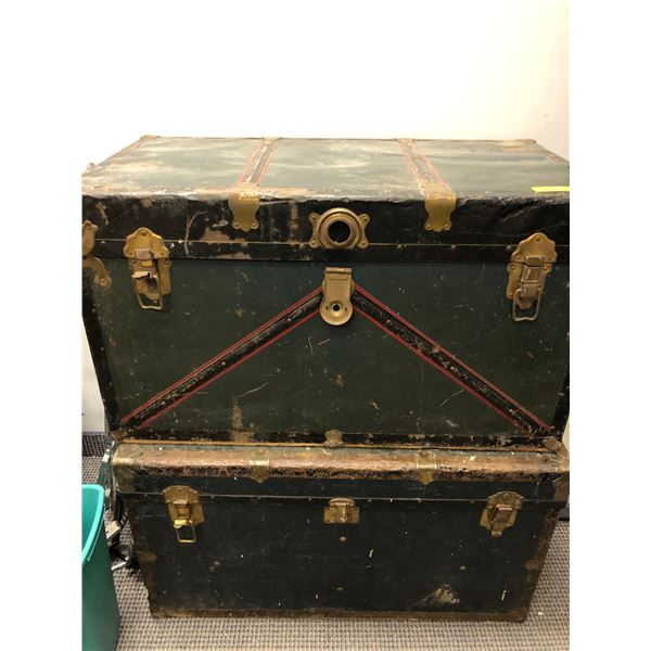 Two Large Old Steamer Trunks - Green