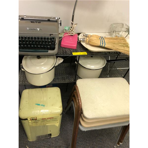 Vintage Metal Shelf with Reminton typewriter, lamp, crock pots, stools and Antique Garbage Bin