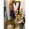 Image 1 : Lot of Brass Household Items - Umbrella Stand, Fireplace Tools and Hammered Metal Bucket.