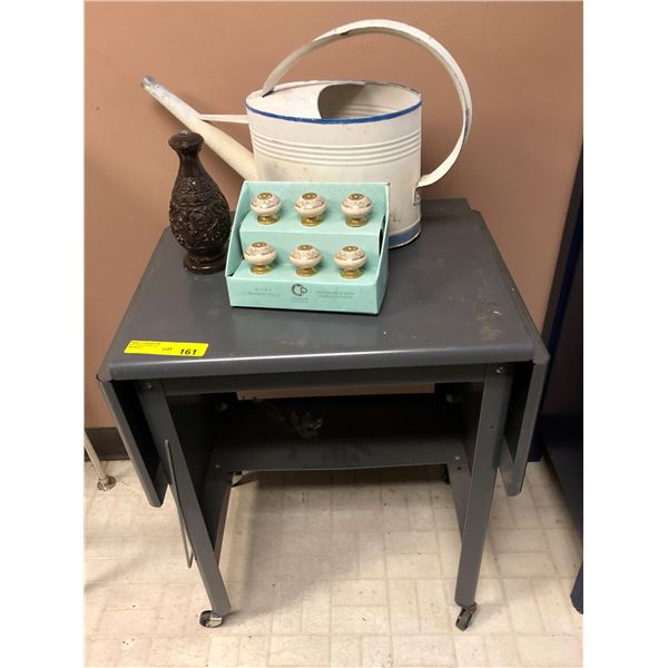 Metal Desk with 6 Drawer Pulls, and Vintage Watering Can.