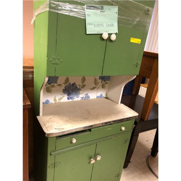 Old Kitchen Cabinet - Painted Green with wood partion and Glass Mirror.