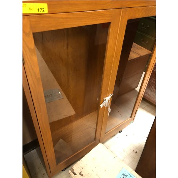 Wood Display Cabinet with Glass Doors - broken glass on one door.