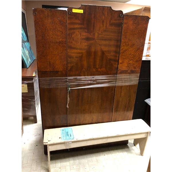 Antique Wood Wardrobe and vintage wood painted bench.