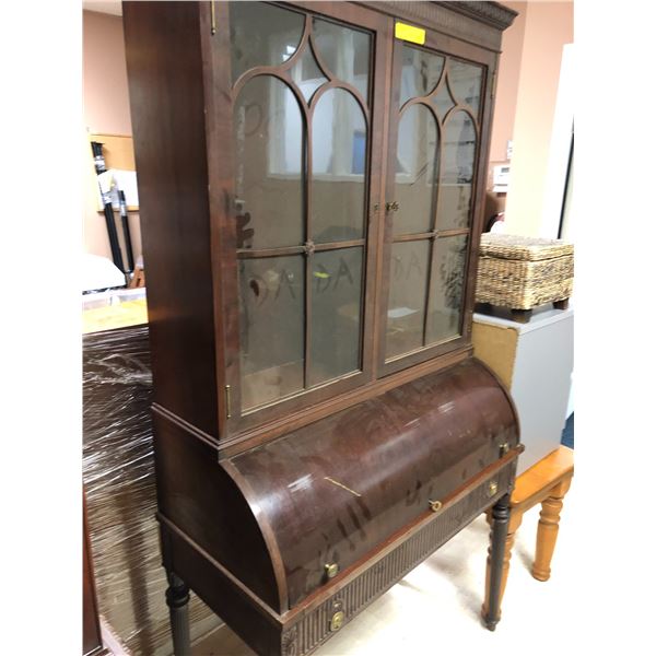 Antique Secretary - Glass Display and roll up desk to display cubby  holes.  Comes with keys.