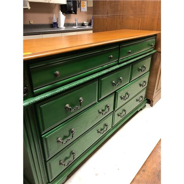 Large Green Painted Dresser w/ wood top.  Nine drawers.