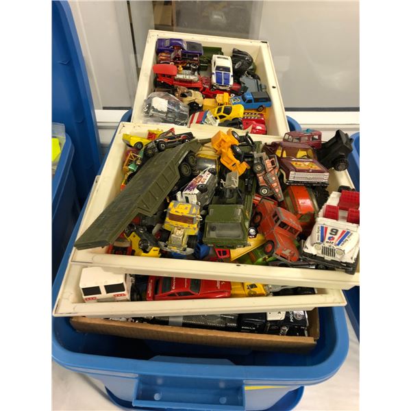 Bin full of die cast and Hot Wheel cars plus Barbie Mopeds