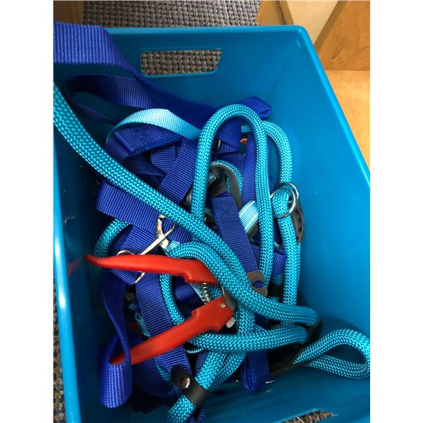 Bin of Dog Leashes - mostly blue, a few orange and one brown in colour.