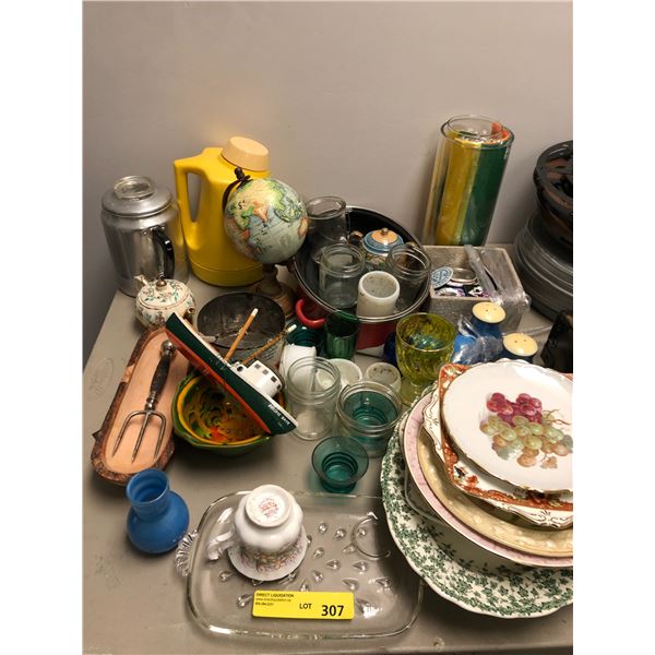 Collection of Misc Plates, cups, Globe, Coffee Pot and Vintage Thermos