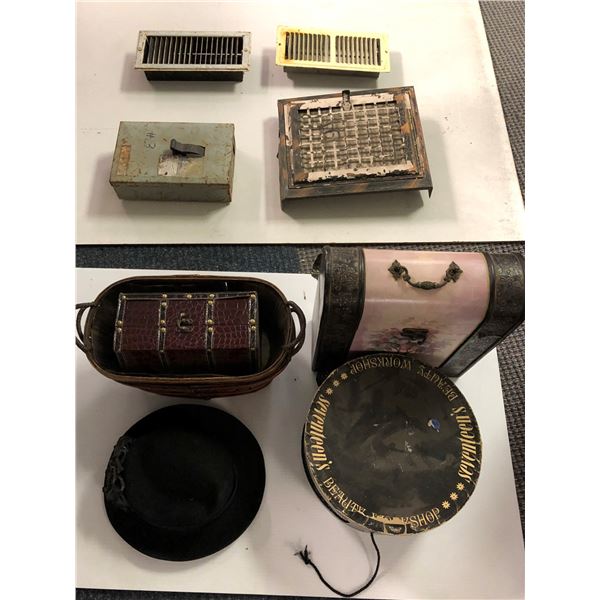 Misc Collection of Hat, Hat Box, Baskets, Antique Vent Cover, Baskets and Treasure Chests.