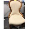 Image 1 : Light beige embossed Fabric Chair with fabric back and carved wood.