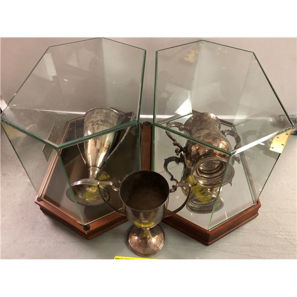 Two Glass Display Trophy Cases with - sterlingsilver trophies plus one trophy without case