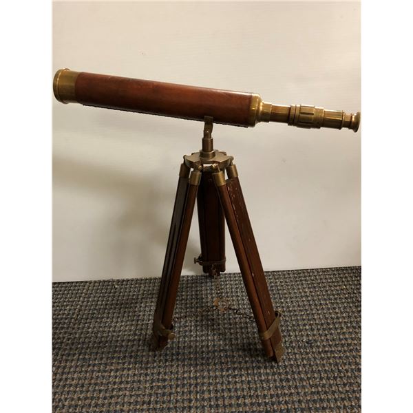 Vintage Brass, Leather & Wood Telescope on tripod