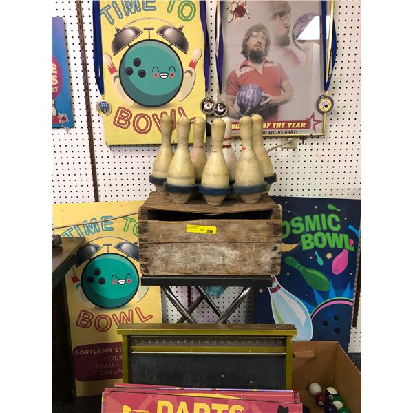 Collection of Misc Vintage Bowling Pins, Pictures , Crate, Posters and Billard Balls from tv set