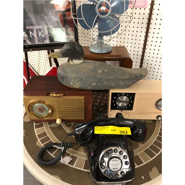 Group of old telephones, Clock Radios, Radios, Vintage Silex handibreeze fan and wooden duck - inclu