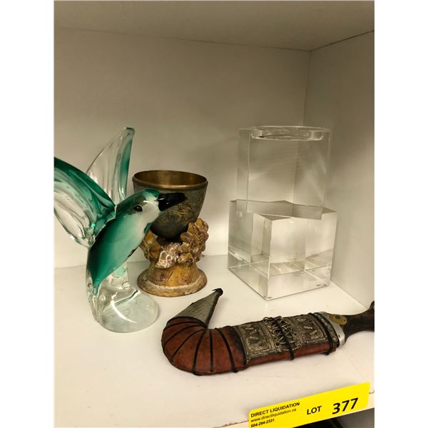 Shelf Lot of Home Decor Items incl glass Hummingibrd