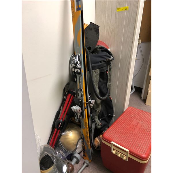 Group of Sporting Goods including Salomon Skis, Body Bow, Skates, Air Pump, Tennis Racket, Igloo Coo