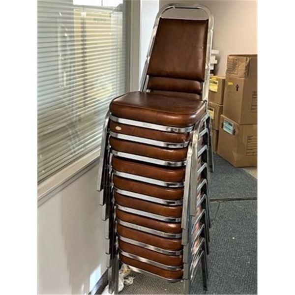 Lot of 10 Banquet Chairs - Brown Leatherette & Chrome - Stackable