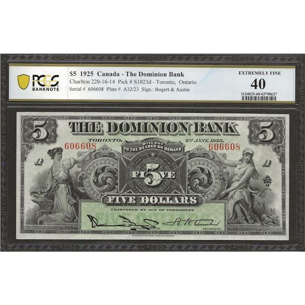 Dominion Bank 220-16-14 1925 $5 EF40 PCGS
