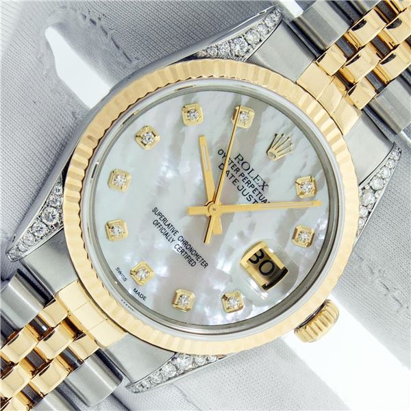 Rolex Mens 2 Tone MOP Diamond Lugs 36MM Datejust Wristwatch With Rolex Box