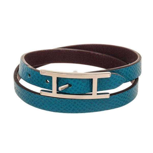 Hermes Blue Leather Hapi Bracelet