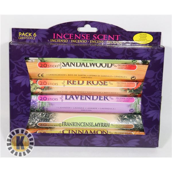 NEW 6PK ASSORTED INCENSE, 20 STICKS PER PACK