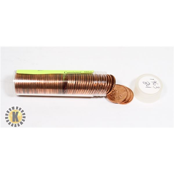 TUBE OF 1963 CANADIAN PENNIES MARKED BU