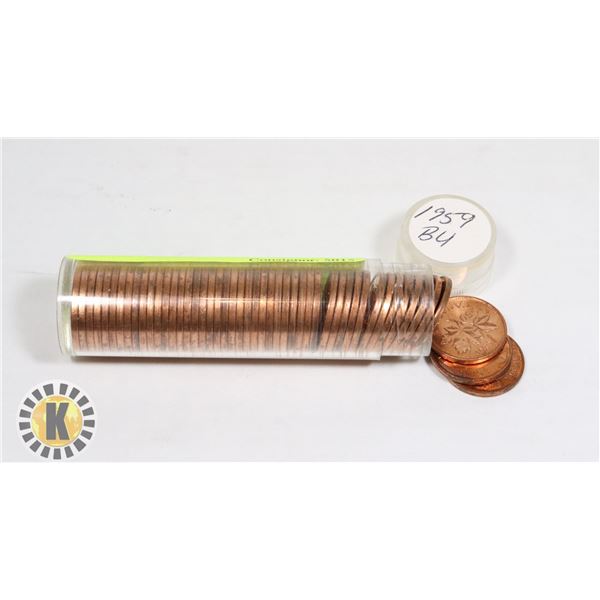 TUBE OF 1959 CANADIAN PENNIES MARKED BU