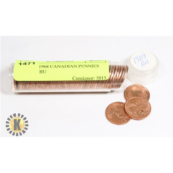 TUBE OF 1968 CANADIAN PENNIES MARKED BU