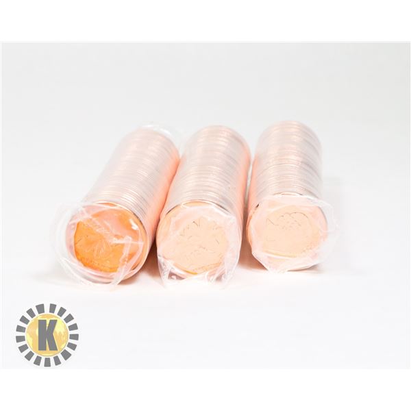 THREE UNCIRCULATED ROLLS OF 2012 CANADIAN PENNIES