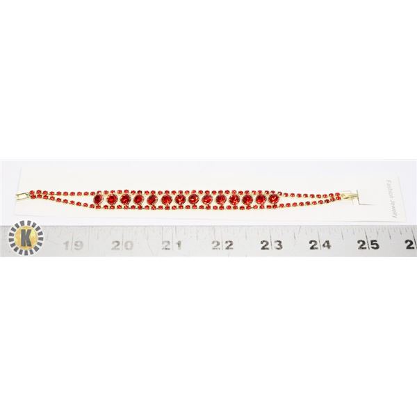 NEW RED RHINESTONE BRACELET GOLD TONE