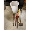 Image 1 : Bin, axe has split handle, bolt cutters and saw