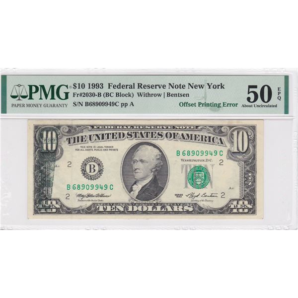 1993, US Federal Reserve, New York, 10 dollars, PMG 50EPQ About Uncirculated.