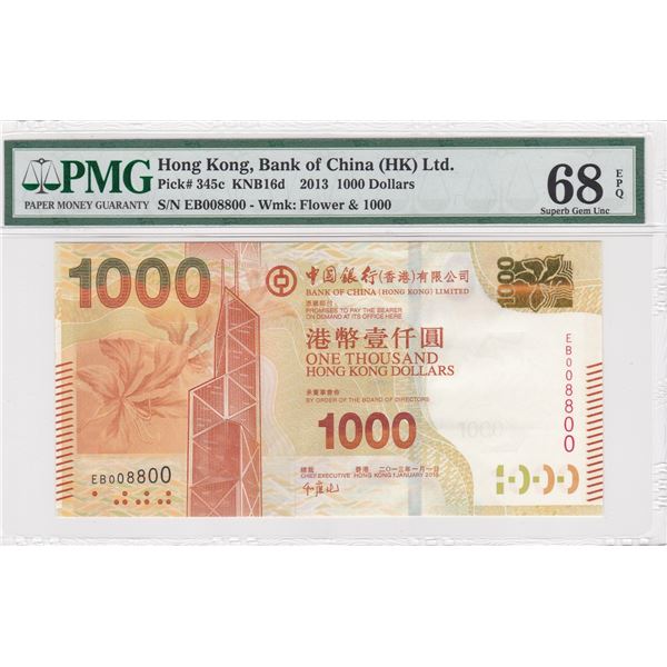 Hong Kong, Bank of China, 2013, 1000 Dollars, PMG 68EPQ, Radar-Rotator S/N.
