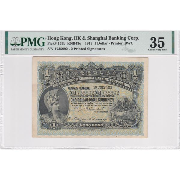 1913, Hong Kong, HK& Shanghai  Banking Corp. 1 Dollar, PMG 35, Minor Repairs.