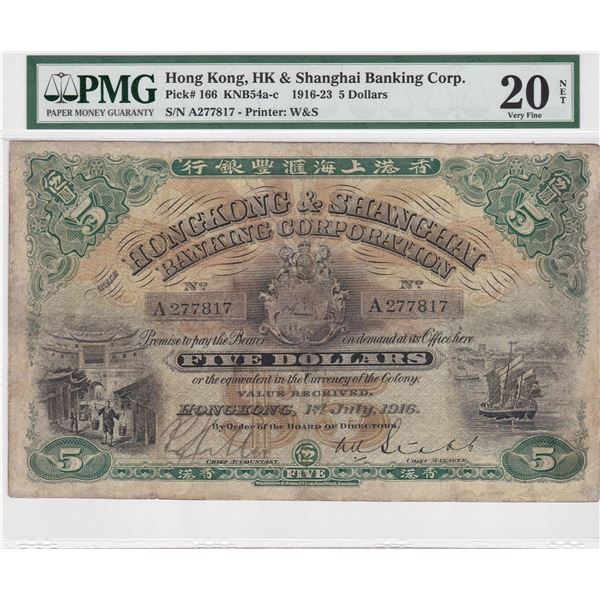1916, Hong Kong, HK& Shanghai Banking Corp. 5 dollars, PMG 20NET, Repaired.