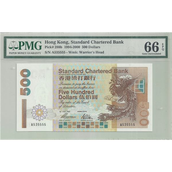 Hong Kong, Chartered Bank,  1997, 500 Dollars, Prefix A, PMG 66EPQ.