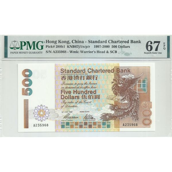 Hong Kong, Chartered Bank,  1997, 500 Dollars, Prefix A, PMG 67EPQ.