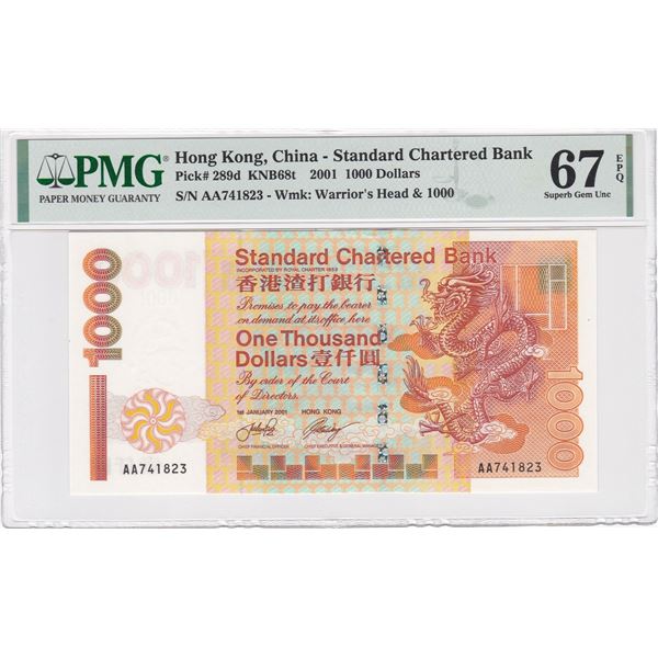 Hong Kong, Chartered Bank,   2001, 1000 Dollars, Prefix AA, PMG 67EPQ.