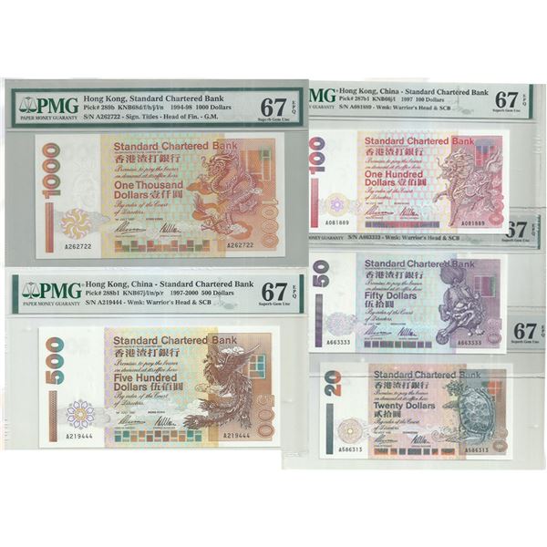 Hong Kong, Chartered Bank,   1997, 20, 50, 100, 500, 1000 Dollars,   A set of Prefix A.  All graded